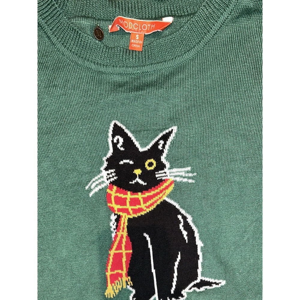 Modcloth Green‎ Cat Knit Sweater Top Size Small Cat Themed Clothing Green - Picture 2 of 7